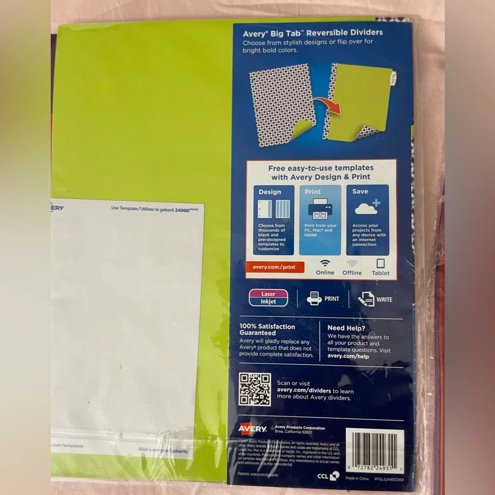 Avery 5 Big Tab Reversible Dividers Stylish Designs 5 Colors‎ 24931